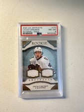 2020 Upper Deck Artifacts Lucas Carlsson Material Gold Jersey Relic /599 PSA 8