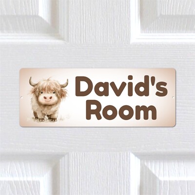 Personalisiert Beliebiger Text Haarige Kuh METALL Türschild Kinderzimmer Kinderzimmer. Jungen Mädchen
