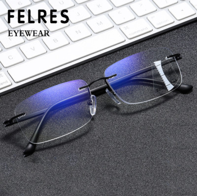 Metal Rimless Progressive Multifocus Reading Glasses Men Anti Blue Light Glasses