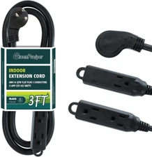 3 Ft Flat Plug Extension Cord 16 AWG 3 Prong Grounded 3 Outlet