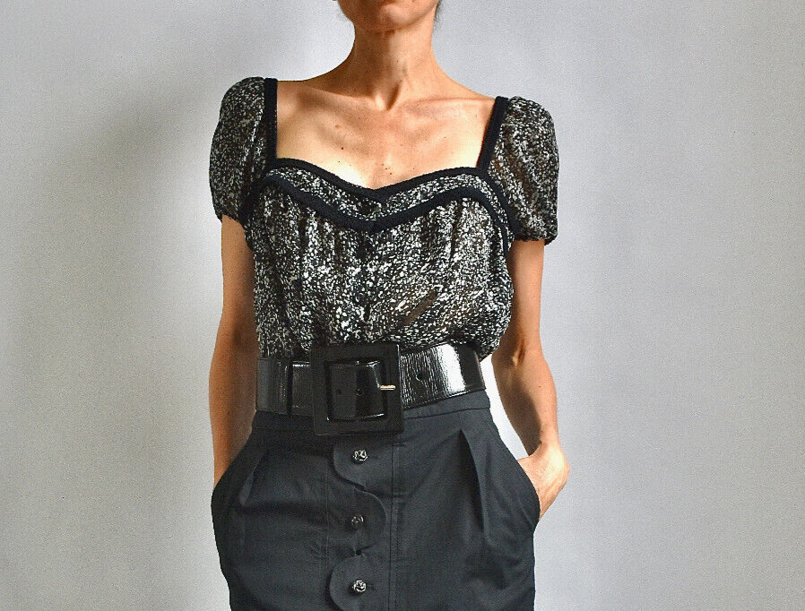 Camicia top Yves Saint Laurent bianco e nero semi trasparente 100% seta taglia: 40F