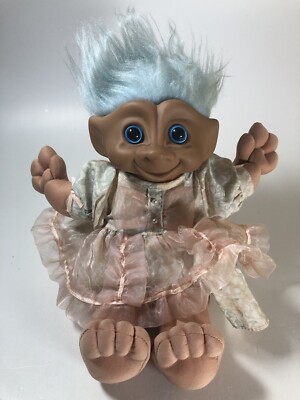 Vintage Treasure Troll 1991 Ace Novelty Plush Floral Dress Light Blue Hair 12''