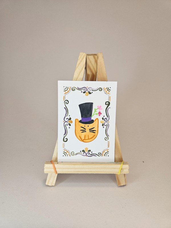 ACEO OOAK Original Mini Art Round Cat In Top Hat With Fancy Border