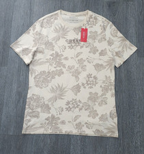 GUESS LOS ANGELES Męski Kwiatowy T-shirt M Top Beżowy Haftowane logo Letnia koszulka