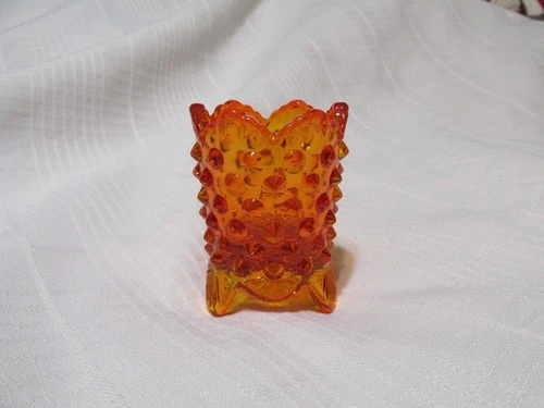Vintage FENTON Hobnail Toothpick Holder Orange Art Glass 3 Footed