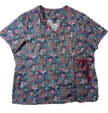 Barco Womens Floral Print Wrap Scrub Top With Tie Accent Size 3XL Multicolor