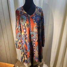 Win Win Long Flare Bottom Multicolor Tunic Top Women L/XL Aztec Burnt OrangeAqua