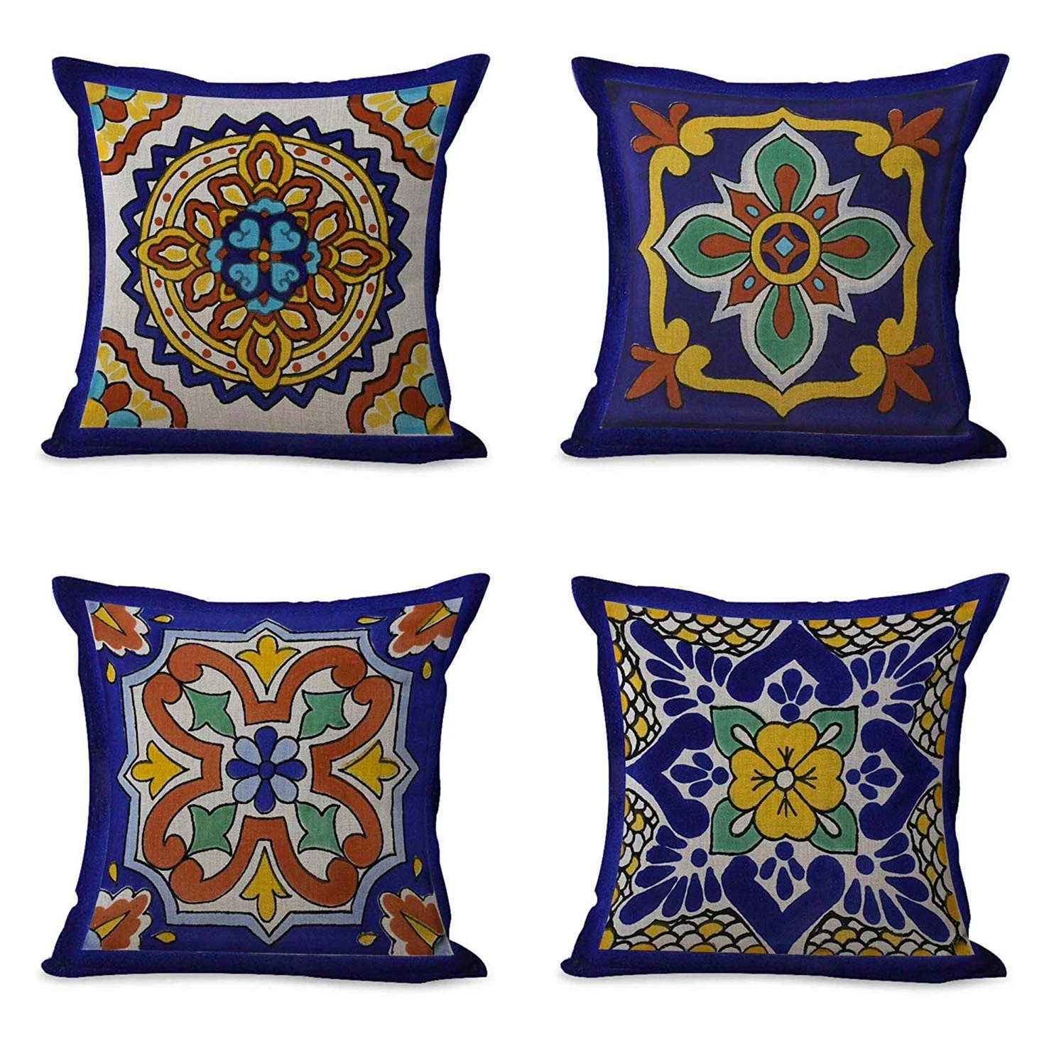 Semtomn Set of 4 Linen Throw Pillow Covers Spanish Talavera Exotic Geometry Dark