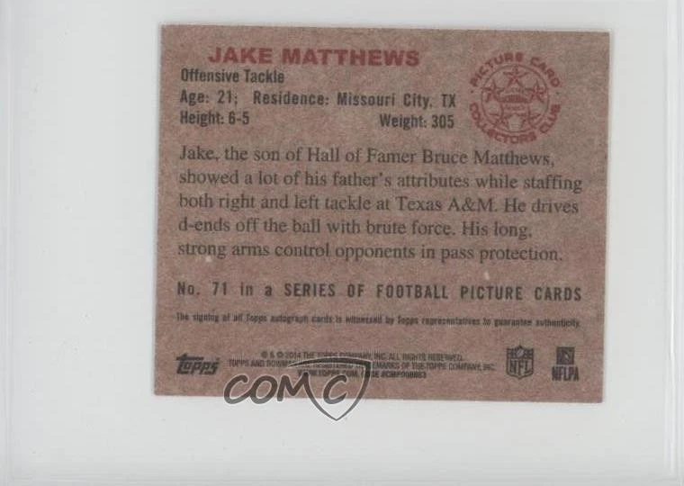 2014 Bowman 1950 Mini Rookies Missing Serial Number Jake Matthews #71 Auto RC - Image 2 of 2
