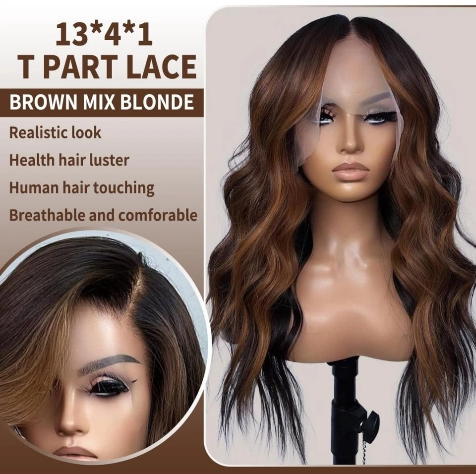 HD Lace Front Wig Human Hair Blend Highlights  Straight Honey BROWN Blonde - Image 3 of 4