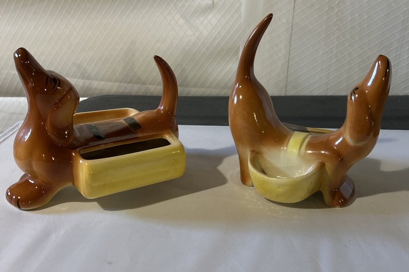 Two Vintage Mid Century Dachshund Ceramic Dresser Caddies