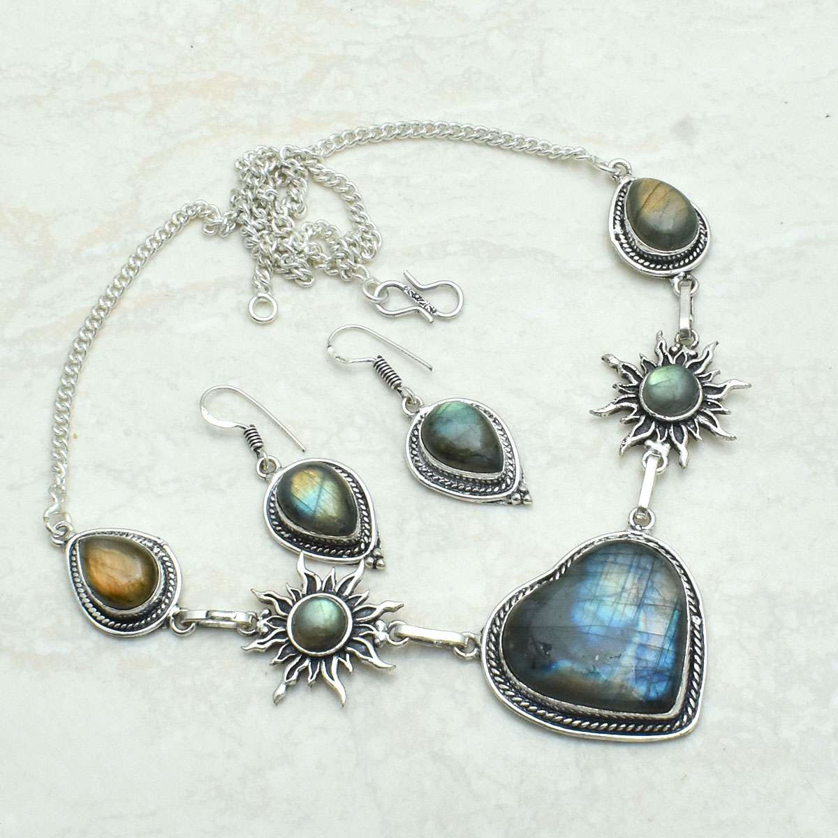 Labradorite Citrine Gemstone Handmade Necklace and Earring Set 39g AN 72352
