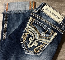 Rock Revival Kai Low Rise Flap Embroidered Pocket Cuffed Capri SZ 23 24x20 