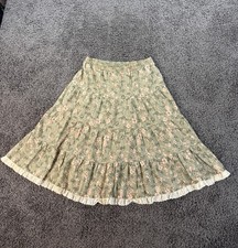 Vtg Country Romance Skirt Womens 14 Green Floral Lace Prairie Tiered Cottage 90s