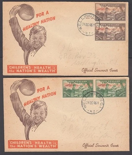 NEW ZEALAND 1946 ILLUST HEALTH PAIR FDC's SIGNED J BERRY DESIGNER (ID:16/D56362)