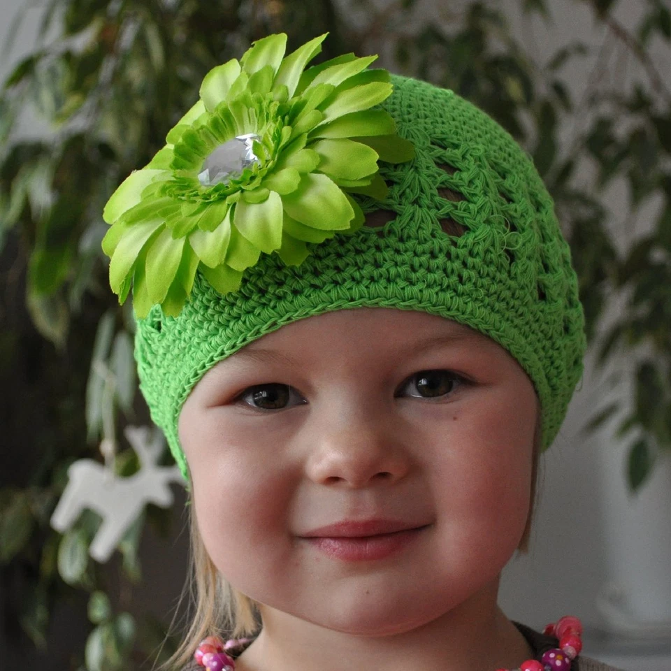 Bonnet Crochet + Fleur Vert Bébé 100% Coton Pince à Cheveux Taille L 2-5 Ans - Photo 1/1