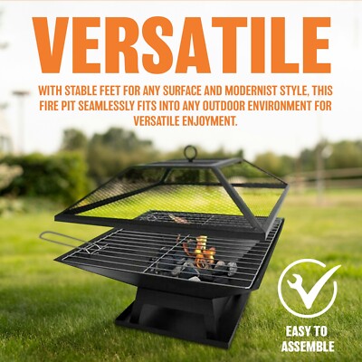 AUSSENFEUERSTELLE BBQ GRILL QUADRATISCH SCHWARZ GARTEN TERRASSENHEIZUNG BRENNERKORB NEU