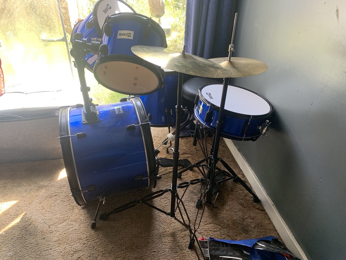 RockJam Complete 5-Piece Junior Drum Set with Cymbals, Drumsticks -Metallic  Blue