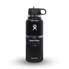 40oz BLACK Hydro Flask Water Bottle Stainless Steel Wide Mouth with Straw lid