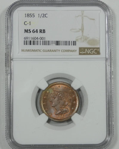 1855 Braided Hair Half Cent CERTIFIED NGC MS 64 RED BROWN C-1