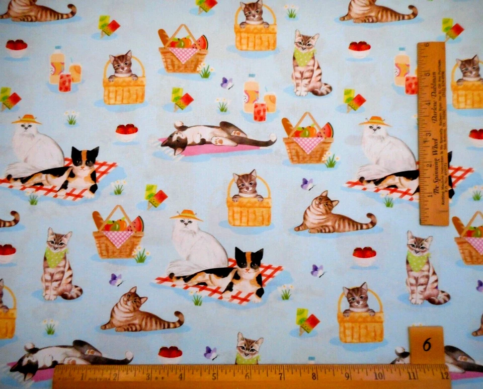 Quilt Fabric By The Yard Kitty Cat Picnic on Blue Kaufman Premium Cotton - Image 2 of 2