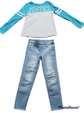 Justice girls shirt top jeans set, two piece, denim, sz 10