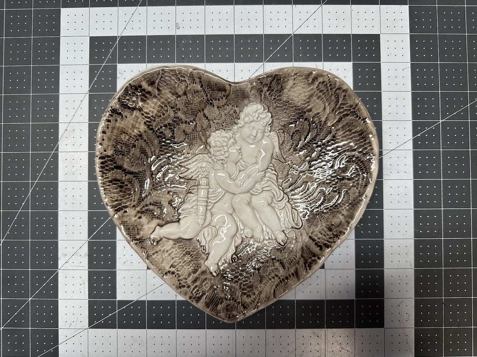 Heart Shaped Ceramic Brown White 3D Plate With Angel Cherubs Embossed Lace Italy - Image 2 of 4