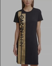 Calvin Klein Women's Vertical Logo Short Sleeve Foil Dress Size M