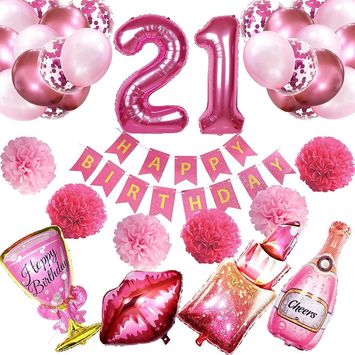 Crenics 21st Birthday Decorations for Her - Hot Pink Happy