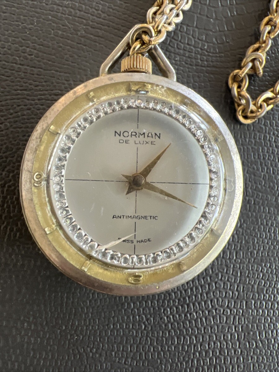 Vintage Norman De Luxe Pendant Watch Gold Tone Painted Porcelain 30\