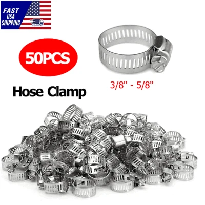 HMD 50pcs HOSE CLAMPS 3/8" to 5/8" Adjustable Steel Band Worm Clip Universal Fit New