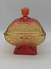 Vintage Indiana Glass Lidded Amberina Footed Candy Dish, Acorn Fall Theme