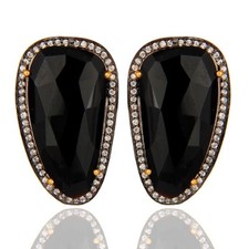 Women's 925 Silver Gold Plated Jewelry Black Onyx Gemstone Stud Earrings