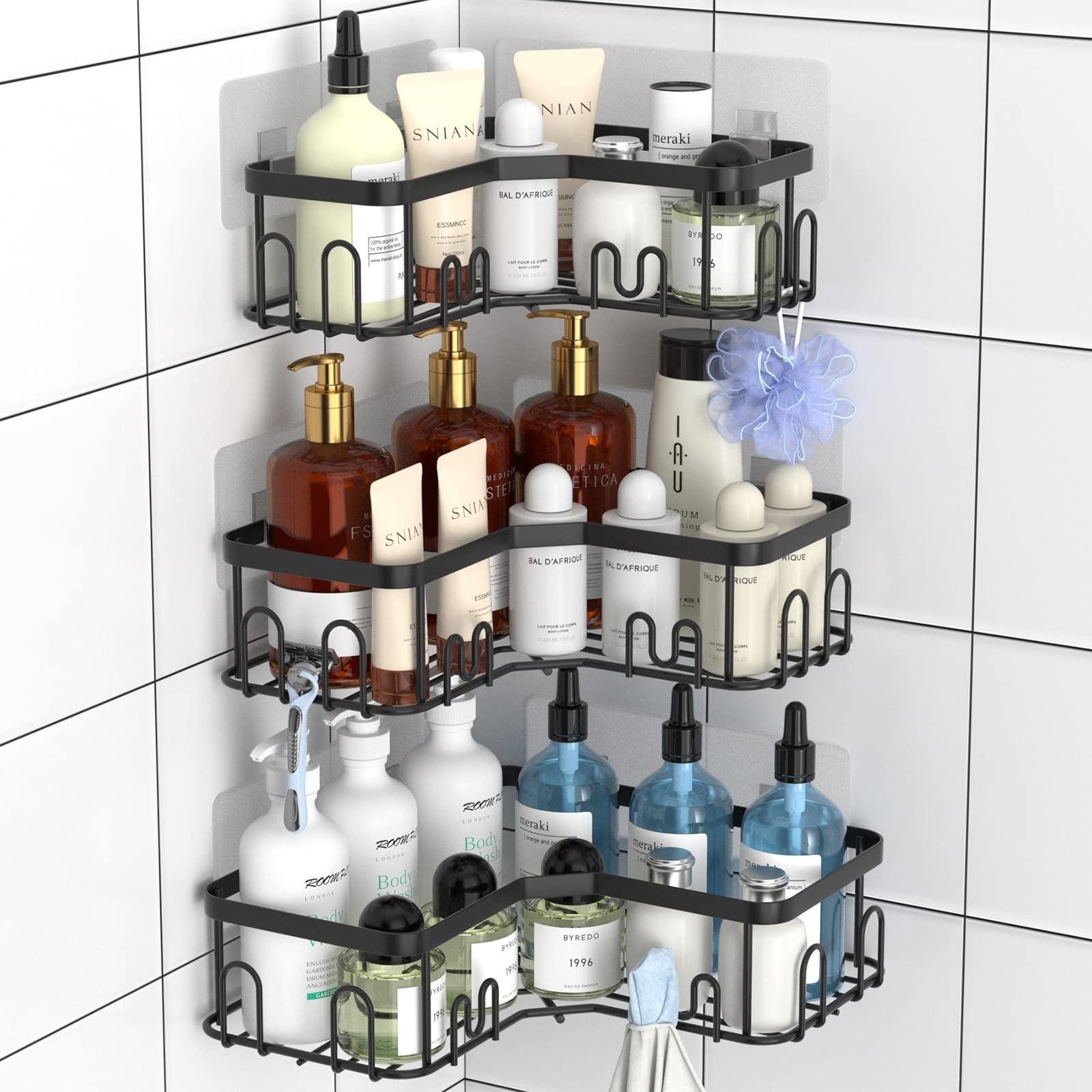 Menbyci 3 Pack Corner Shower Caddy, Adhesive Bathroom Shelves 3 Packs, Black