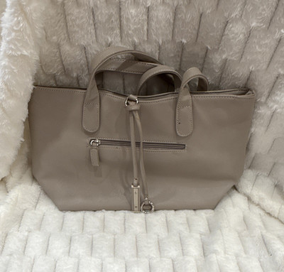 EUC David Jones Taupe Tote Bag Silver Hardware Zip Closure Lined Inner Pockets