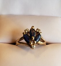 Vintage Estate Diamond & Marquise Sapphire Ring Solid 10K Yellow Gold SEPTEMBER