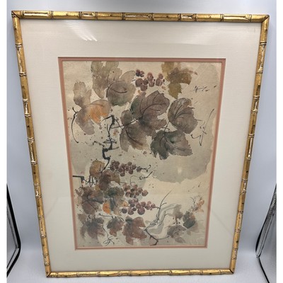 Vintage Japanese Still Life Bunch of Grapes Woodblock Painting 