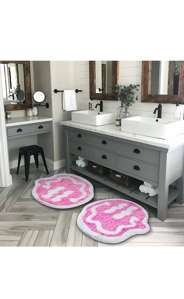 Круглые коврики для ванной Trippy Happy Face 2 фута розовые и белые. - Изображение 3 из 4