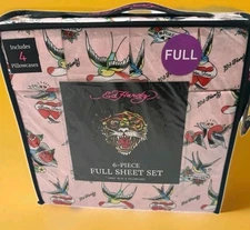 Ed Hardy FULL 6 Piece Sheet Set Pink Born Free Tattoo Print Bird Heart Rose