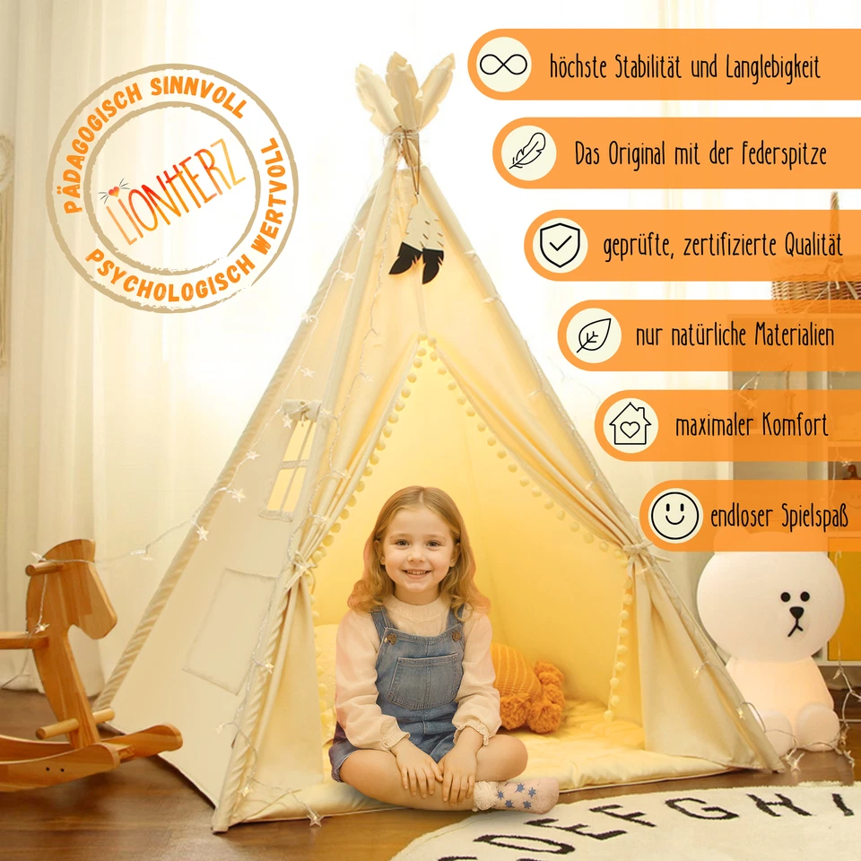 LIONHERZ® Tipi Zelt für Kinder aus 100% Baumwolle mit Matte, Tasche und Zubehör - Bild 2 von 4