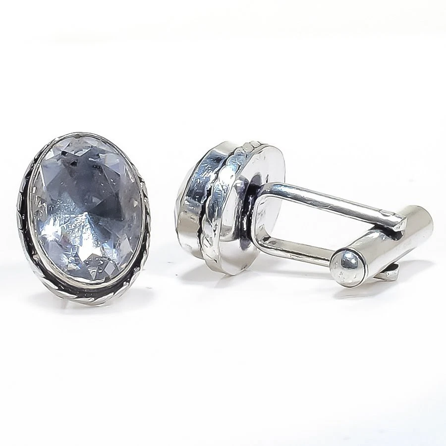 白色黄玉宝石镀银珠宝袖扣男式 T2532 M1555 T855 — 第 3/4 张图片