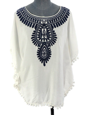 Boho bestickt Strand Cover Up weiß Bommel Kaftan Tunika Top One Size