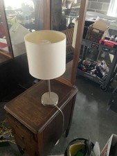 Modern White Table Lamp with Drum Shade, Brushed Metal Base, Corded Switch