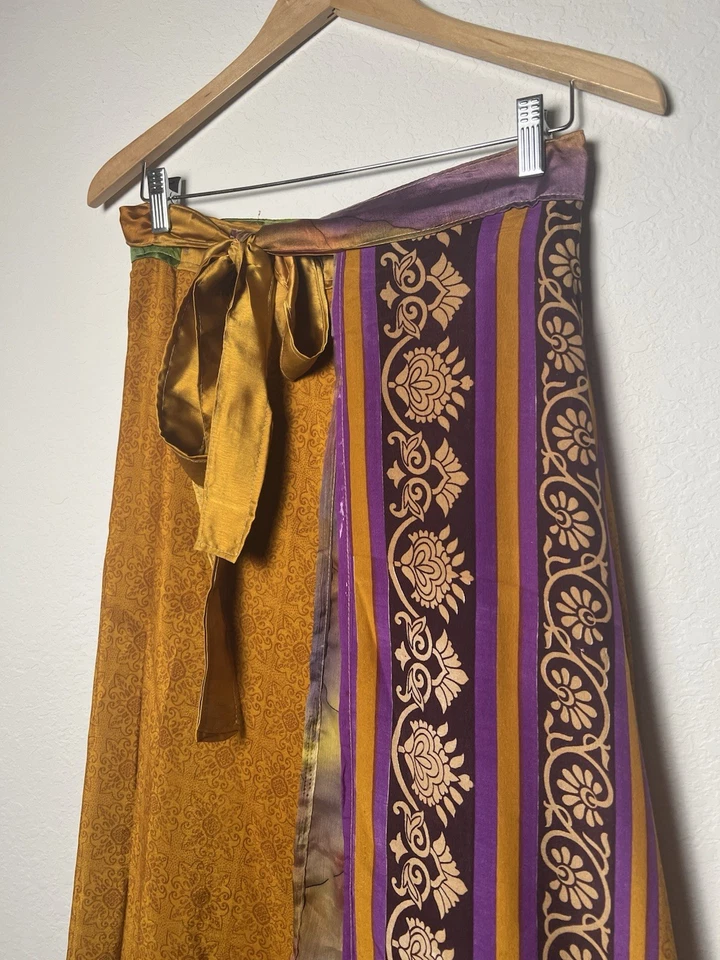 Recycled 100% Silk Long Maxi Wrap Skirt Free Size Floral Rust Gold Gypsy Boho - Image 2 of 4