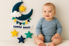 Personalized Moon and Stars Nursery Wall Hanging Custom Baby Name Felt Decor