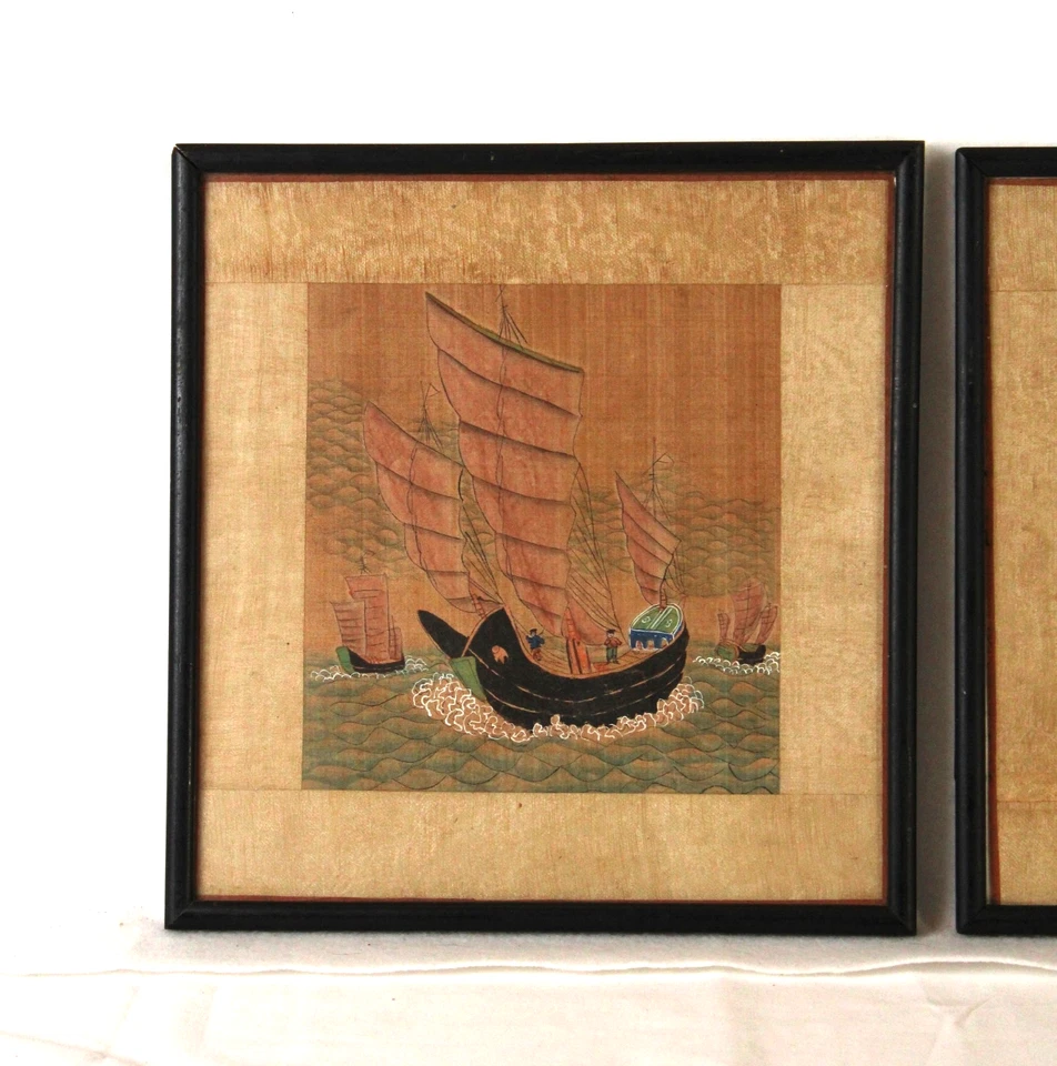 3 pinturas chinas antiguas escena de hombres y barcos en seda sin firmar enmarcado Foto 2 de 4