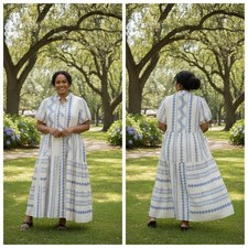 1764 - Moosta+ CURVE 3XL White and Blue Patterned Maxi Dress