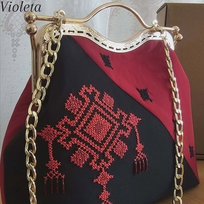 Palestinian Tatreez Handbag Black Red Beaded Clutch Gold Chain Strap Bag