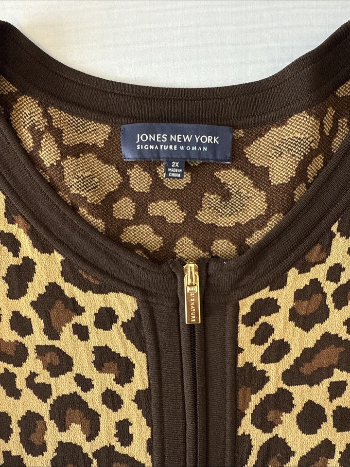 Jones New York Mujer’s 2X Boho Chic Leopardo Lujo Tejido Cremallera Completa Cárdigan Otoño Foto 3 de 4