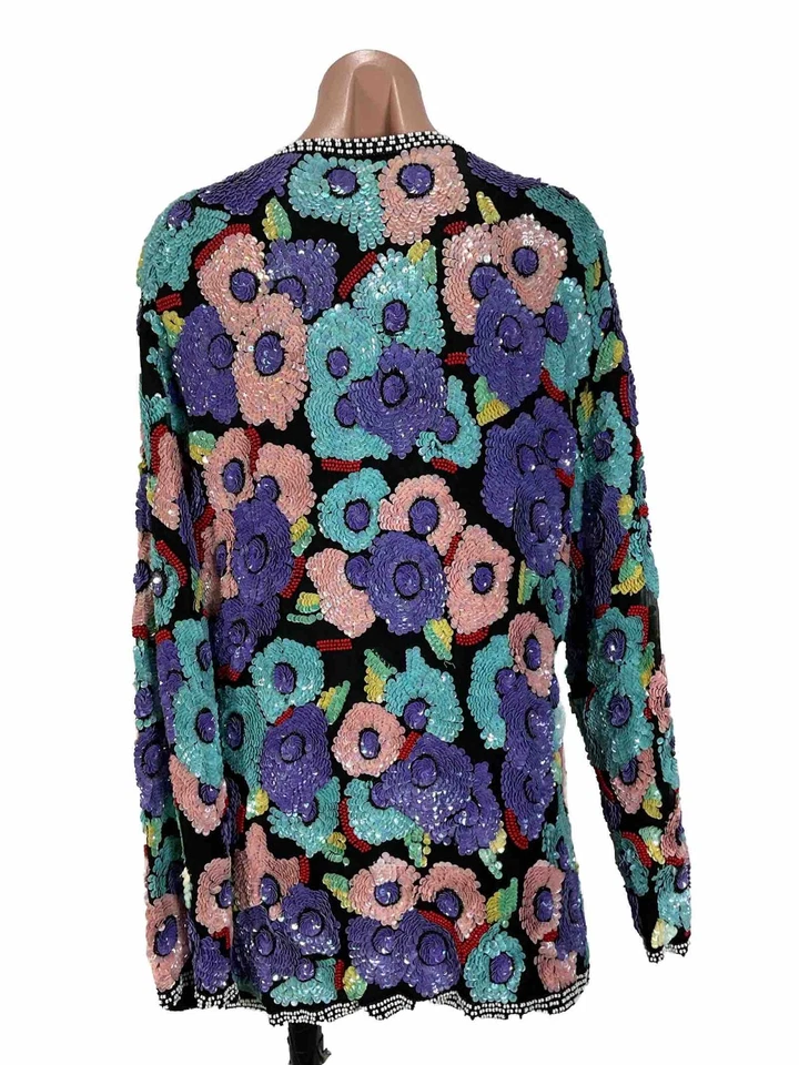 Chaqueta De Colección Años 80 JEWEL QUEEN Floral Lentejuelas Seda Talla XL Cárdigan Trofeo Esposa Foto 2 de 4